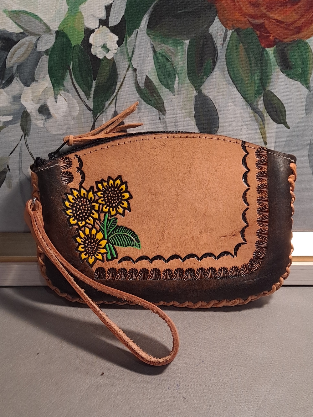 Artisan Hand-Tooled & Painted Sunflower Leather Wristlet Pouch Purse